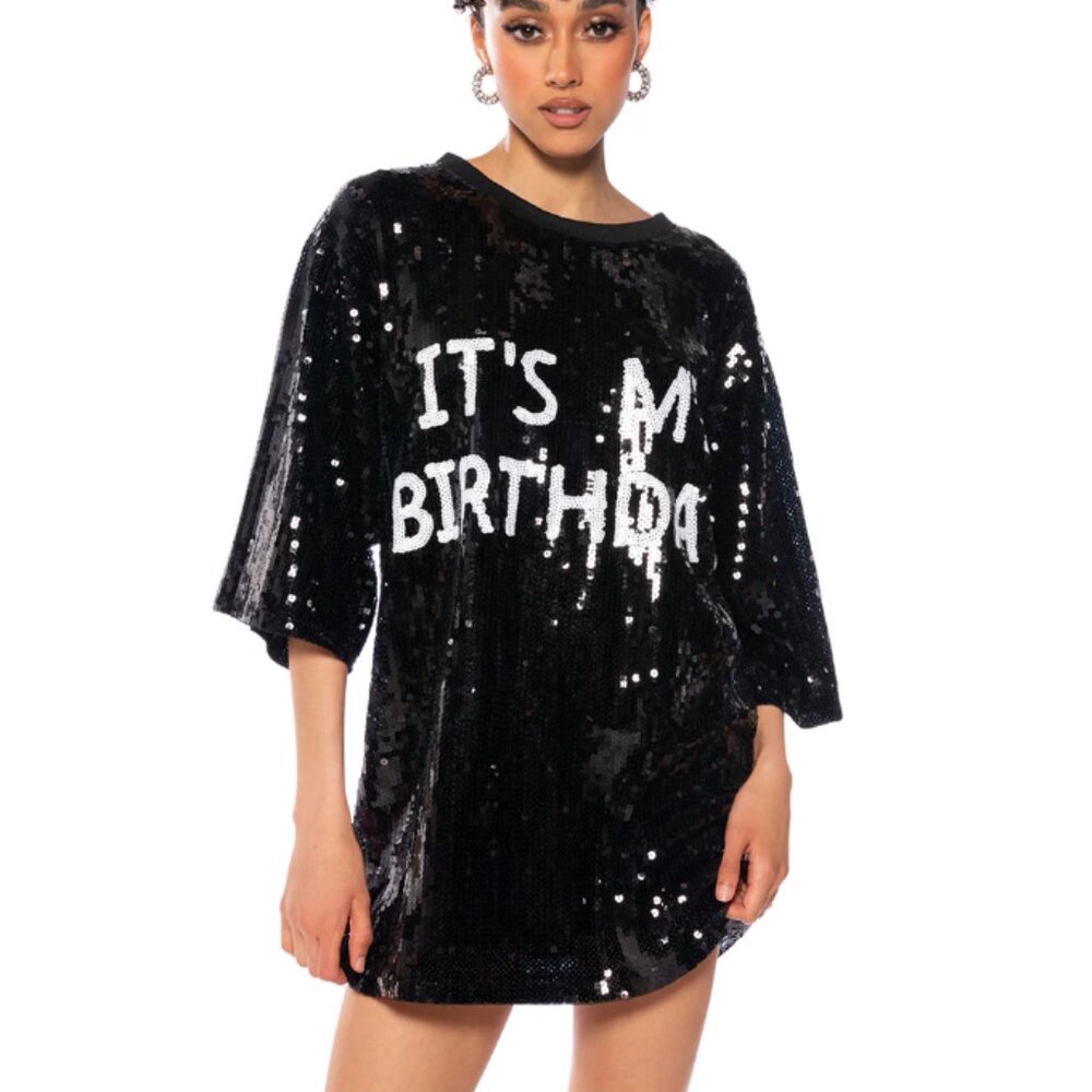'it's my birthday' sequin shirt dress